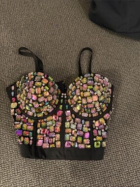 Black Bustier Top with Multicolor Iridescent Gem Embellishments Rhinstones S